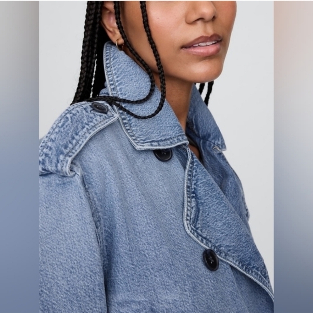UltraSoft Denim Crop Trench Jacket Light Wash XSP - Picture 3 of 6
